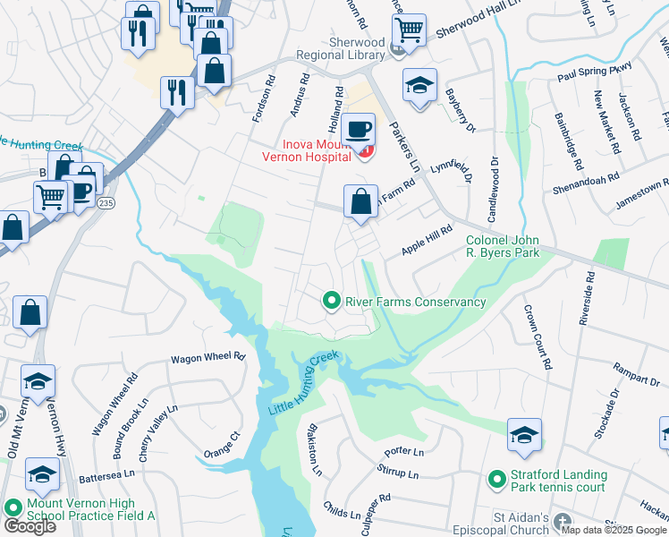 map of restaurants, bars, coffee shops, grocery stores, and more near 8205 Cedar Landing Court in Alexandria