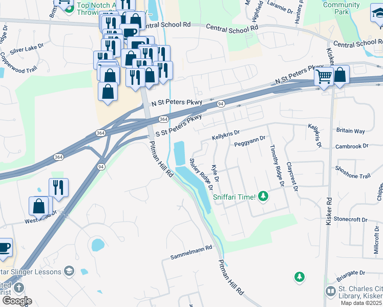 map of restaurants, bars, coffee shops, grocery stores, and more near 418 Shirleyridge Drive in Saint Charles