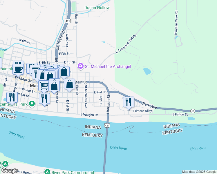 map of restaurants, bars, coffee shops, grocery stores, and more near 168 Ohio River Scenic Byway in Madison