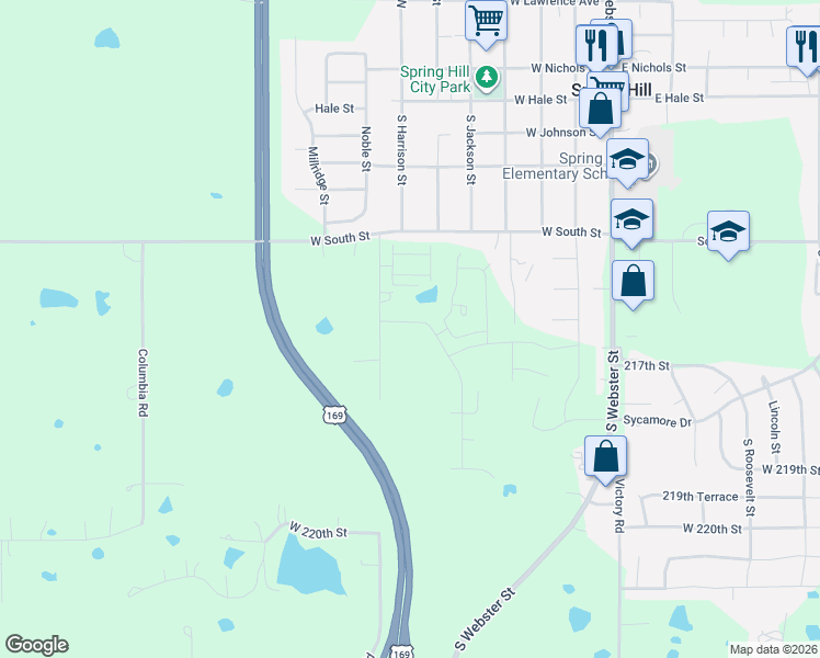 map of restaurants, bars, coffee shops, grocery stores, and more near 21301 West 216th Street in Spring Hill