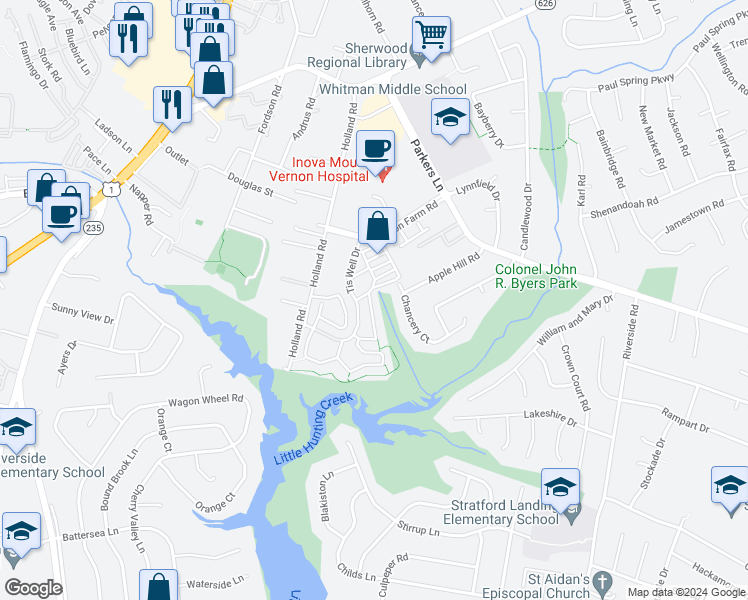 map of restaurants, bars, coffee shops, grocery stores, and more near 8203 Doctor Craik Court in Alexandria