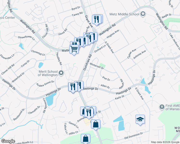 map of restaurants, bars, coffee shops, grocery stores, and more near 10303 7th Regiment Drive in Manassas