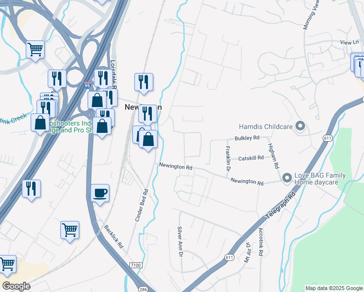 map of restaurants, bars, coffee shops, grocery stores, and more near 6900 Newington Road in Lorton