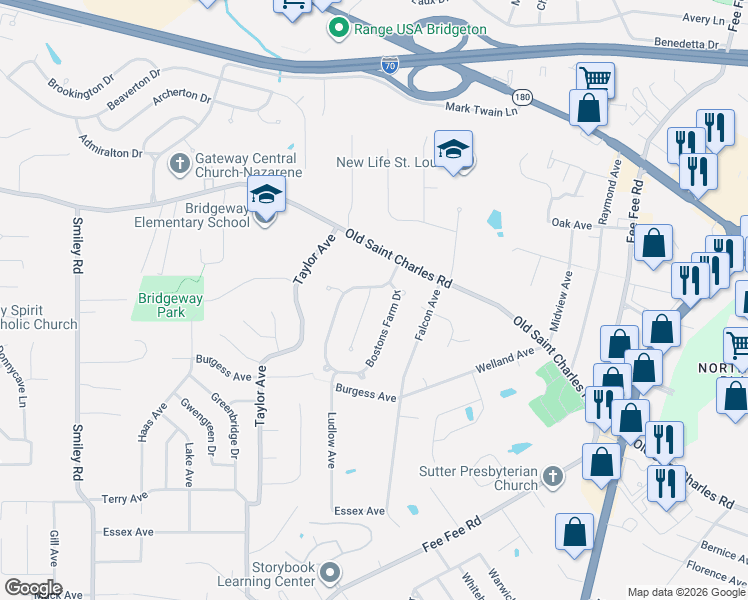 map of restaurants, bars, coffee shops, grocery stores, and more near 11463 Nora Court in Bridgeton