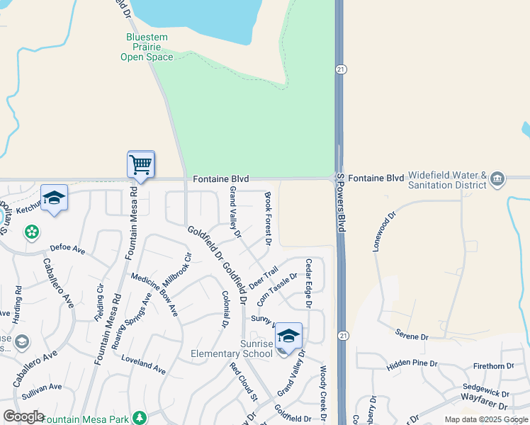 map of restaurants, bars, coffee shops, grocery stores, and more near 7555 Sunbeam Way in Colorado Springs