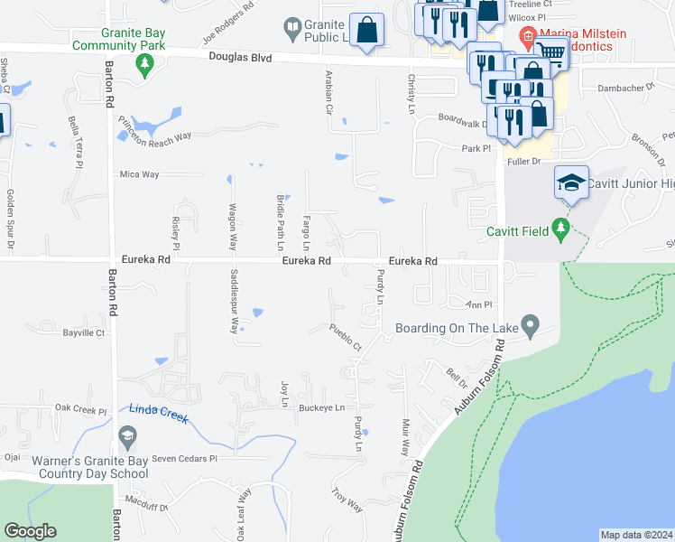 map of restaurants, bars, coffee shops, grocery stores, and more near 6552 Eureka Road in Granite Bay