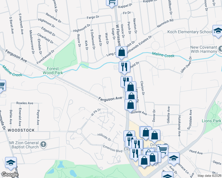 map of restaurants, bars, coffee shops, grocery stores, and more near 1371 Sharondale Circle in Ferguson