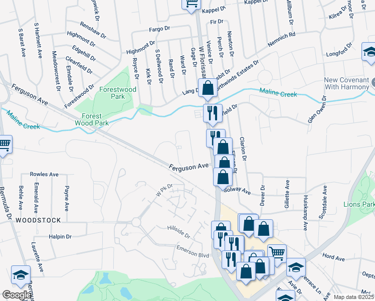 map of restaurants, bars, coffee shops, grocery stores, and more near 1371 Sharondale Circle in Ferguson