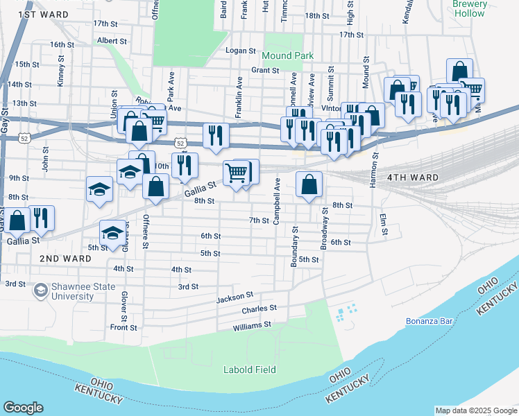 map of restaurants, bars, coffee shops, grocery stores, and more near 1808 8th Street in Portsmouth
