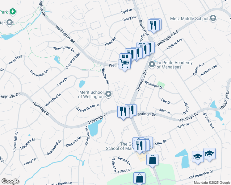 map of restaurants, bars, coffee shops, grocery stores, and more near 9205 Charleston Drive in Manassas