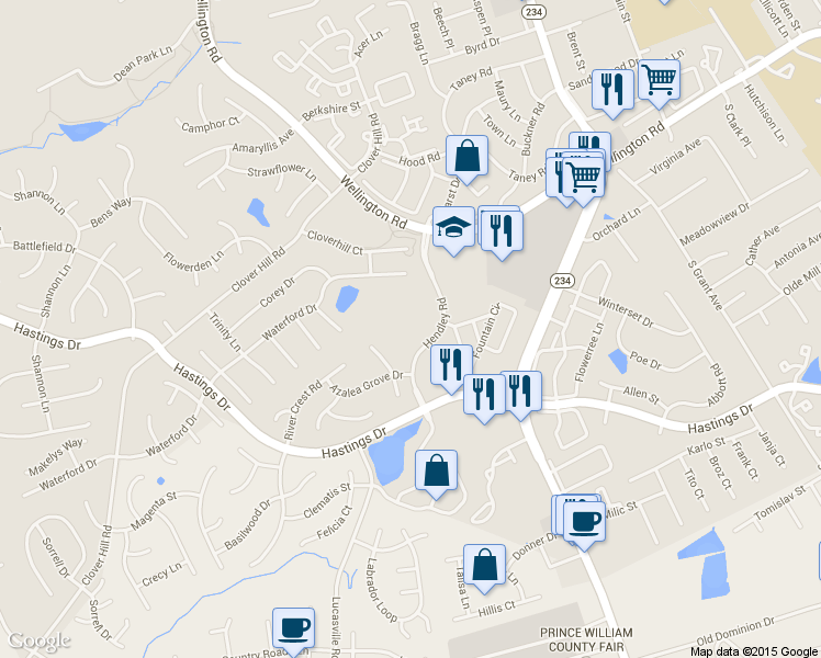 map of restaurants, bars, coffee shops, grocery stores, and more near 10240 Hendley Road in Manassas