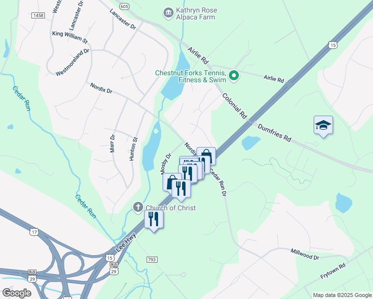 map of restaurants, bars, coffee shops, grocery stores, and more near 6321 Nordix Drive in Warrenton