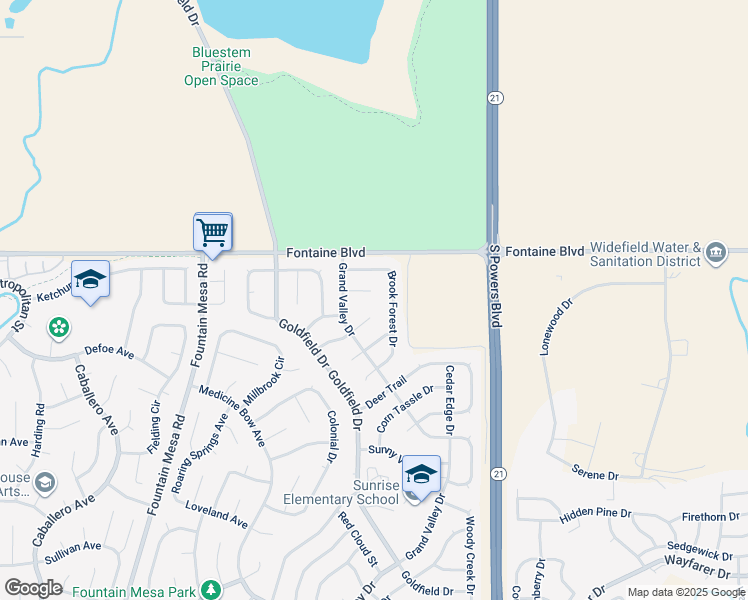 map of restaurants, bars, coffee shops, grocery stores, and more near 7555 Sunbeam Way in Colorado Springs