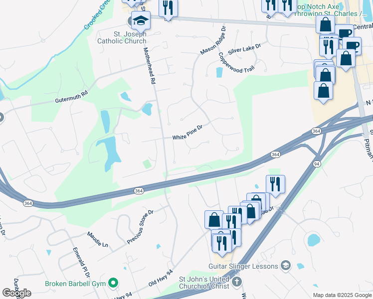 map of restaurants, bars, coffee shops, grocery stores, and more near 64 Rolling Ridge Court in Saint Charles