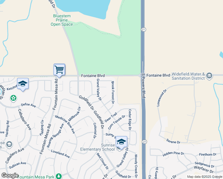map of restaurants, bars, coffee shops, grocery stores, and more near 7555 Sunbeam Way in Colorado Springs