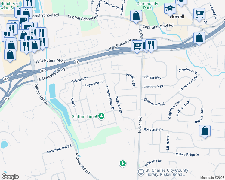 map of restaurants, bars, coffee shops, grocery stores, and more near 1205 Claycrest Drive in Saint Charles