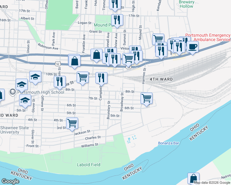 map of restaurants, bars, coffee shops, grocery stores, and more near 2045 8th Street in Portsmouth