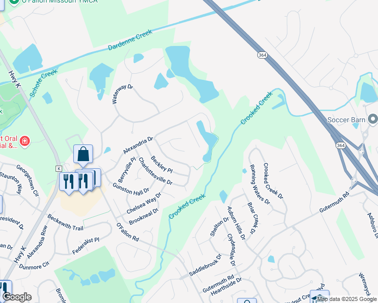 map of restaurants, bars, coffee shops, grocery stores, and more near 48 Ashlawn Court in Saint Charles