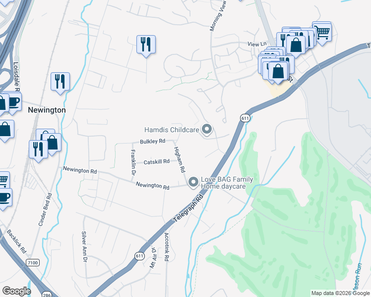 map of restaurants, bars, coffee shops, grocery stores, and more near 8205 Higham Road in Lorton