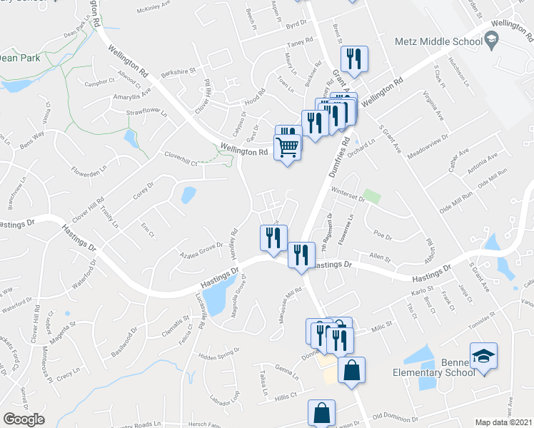 map of restaurants, bars, coffee shops, grocery stores, and more near 9203 Charleston Drive in Manassas