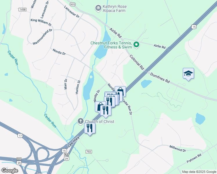 map of restaurants, bars, coffee shops, grocery stores, and more near 6321 Nordix Drive in Warrenton