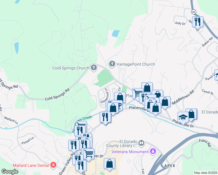 map of restaurants, bars, coffee shops, grocery stores, and more near 2994 Spring View Lane in Placerville