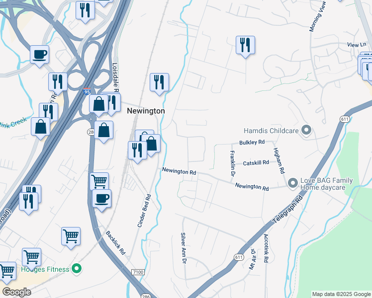 map of restaurants, bars, coffee shops, grocery stores, and more near 6900 Newington Road in Lorton