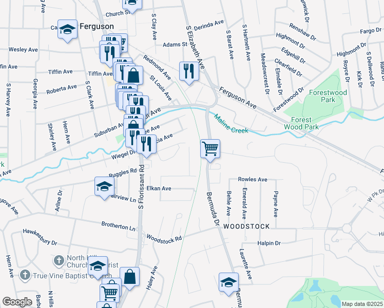 map of restaurants, bars, coffee shops, grocery stores, and more near 712 Beardsley Court in Ferguson