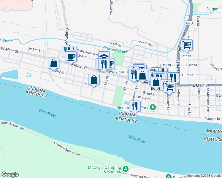 map of restaurants, bars, coffee shops, grocery stores, and more near 711 West 1st Street in Madison