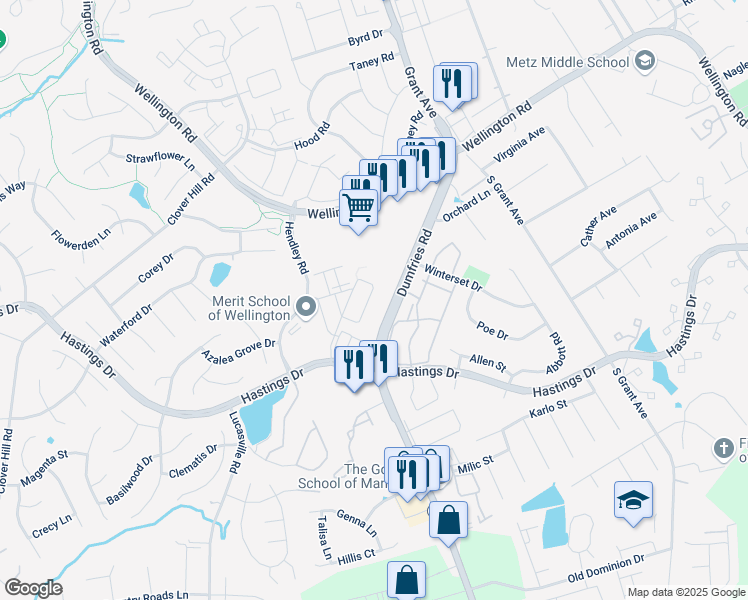 map of restaurants, bars, coffee shops, grocery stores, and more near 10231 Fountain Circle in Manassas