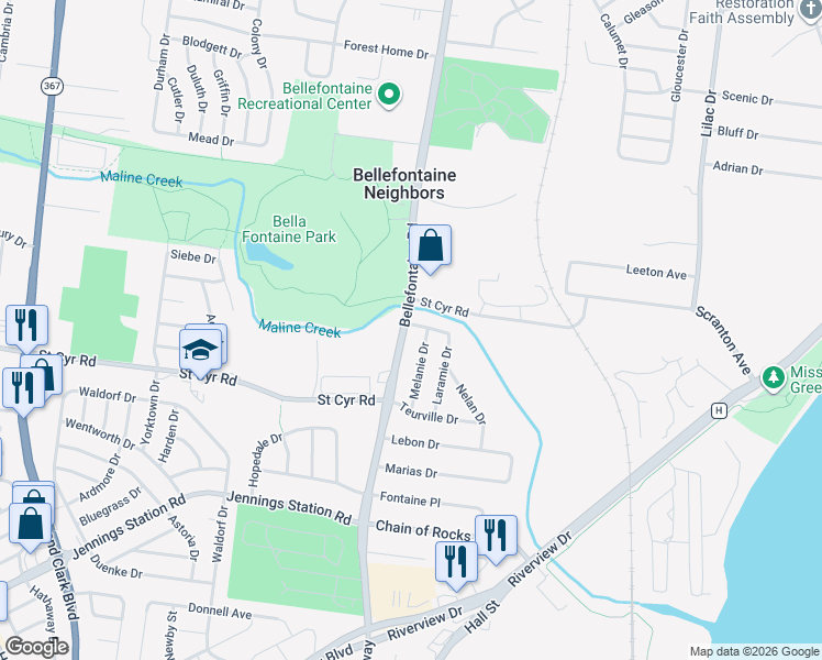 map of restaurants, bars, coffee shops, grocery stores, and more near 928 Delaird Drive in St. Louis