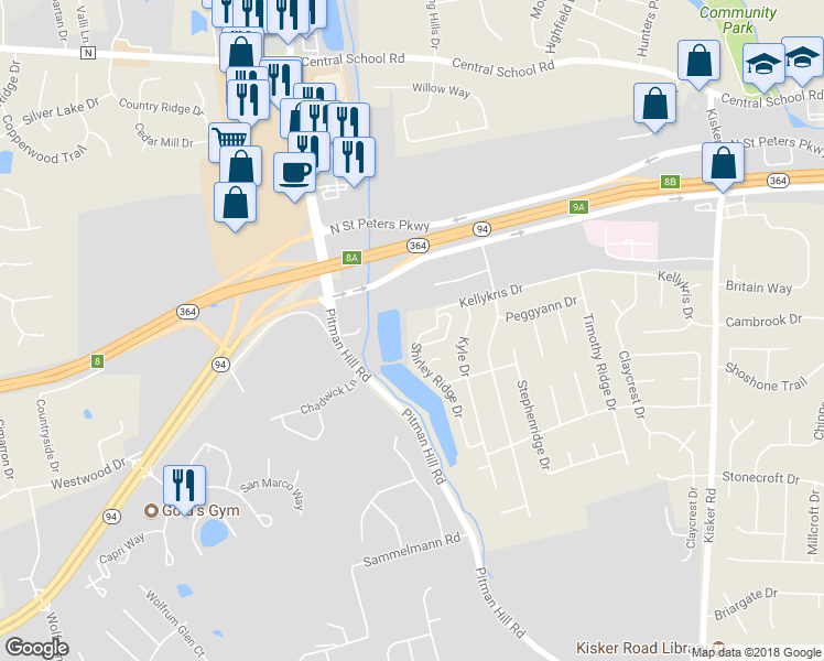 map of restaurants, bars, coffee shops, grocery stores, and more near 418 Shirleyridge Drive in Saint Charles
