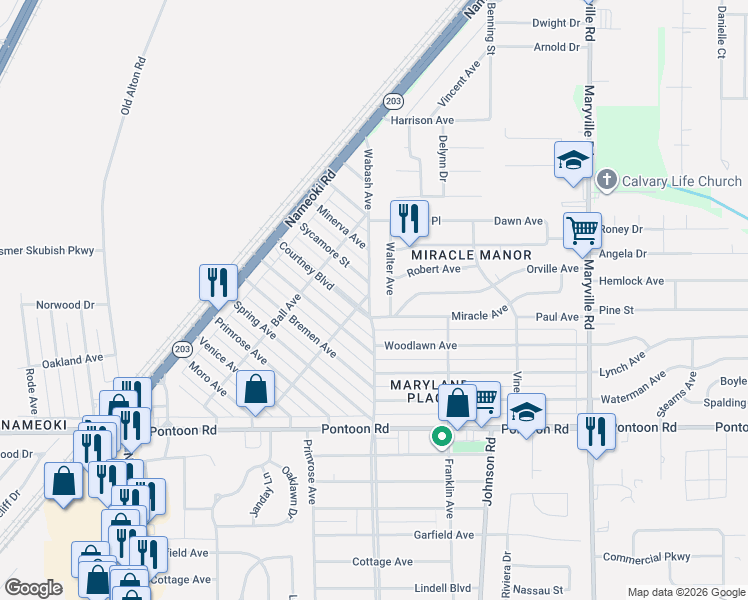 map of restaurants, bars, coffee shops, grocery stores, and more near 1741 Courtney Boulevard in Granite City