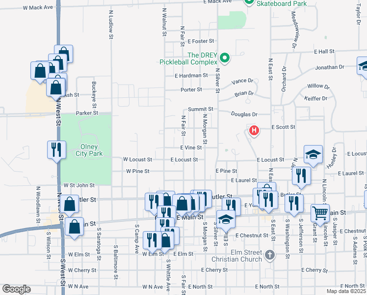 map of restaurants, bars, coffee shops, grocery stores, and more near 200 East Vine Street in Olney