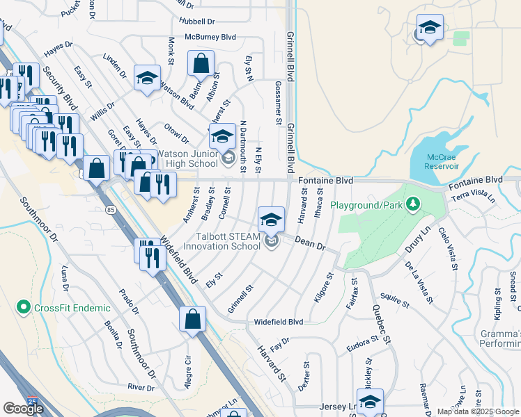 map of restaurants, bars, coffee shops, grocery stores, and more near 113 Ely Street in Colorado Springs