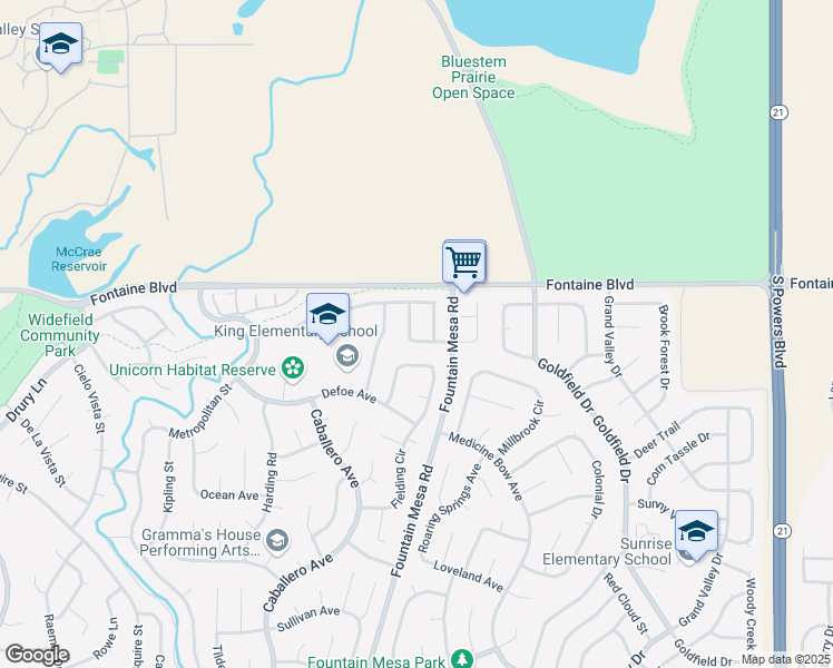 map of restaurants, bars, coffee shops, grocery stores, and more near 6683 Payette Drive in Colorado Springs