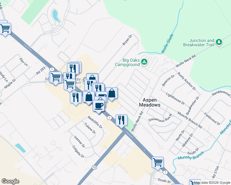 map of restaurants, bars, coffee shops, grocery stores, and more near 6 Lantern Ln in Rehoboth Beach