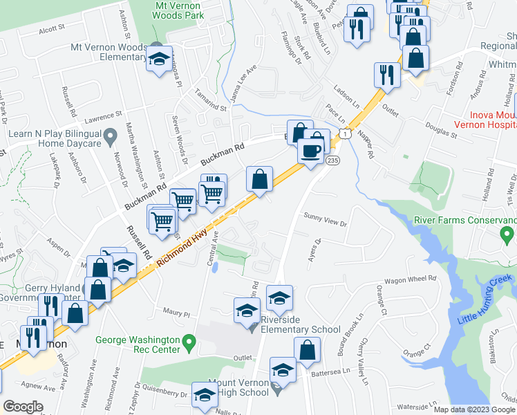 map of restaurants, bars, coffee shops, grocery stores, and more near 8149 Richmond Highway in Alexandria