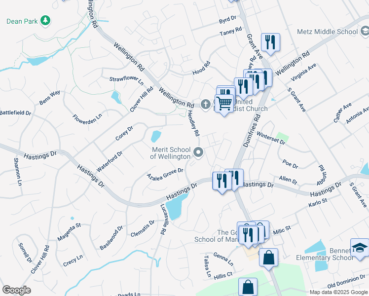 map of restaurants, bars, coffee shops, grocery stores, and more near 10240 Hendley Road in Manassas