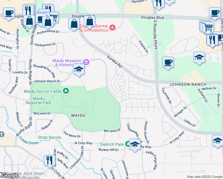 map of restaurants, bars, coffee shops, grocery stores, and more near 1625 Ashford Drive in Roseville