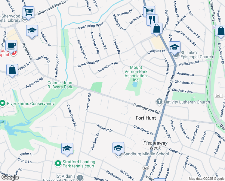 map of restaurants, bars, coffee shops, grocery stores, and more near 8133 Stacey Road in Alexandria