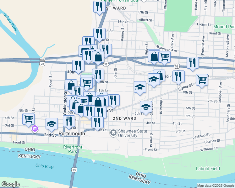 map of restaurants, bars, coffee shops, grocery stores, and more near 1104 8th Street in Portsmouth