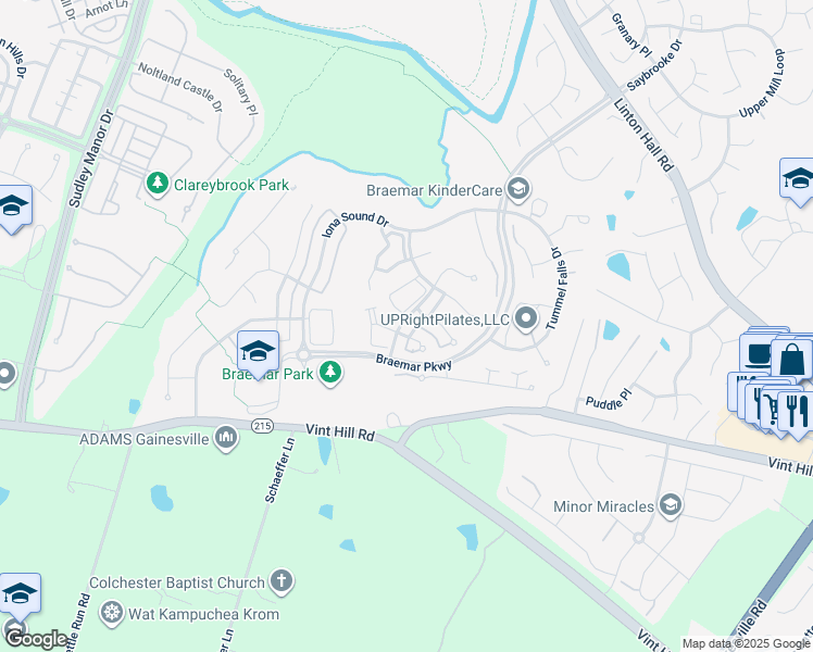 map of restaurants, bars, coffee shops, grocery stores, and more near 12423 Burghead Drive in Bristow