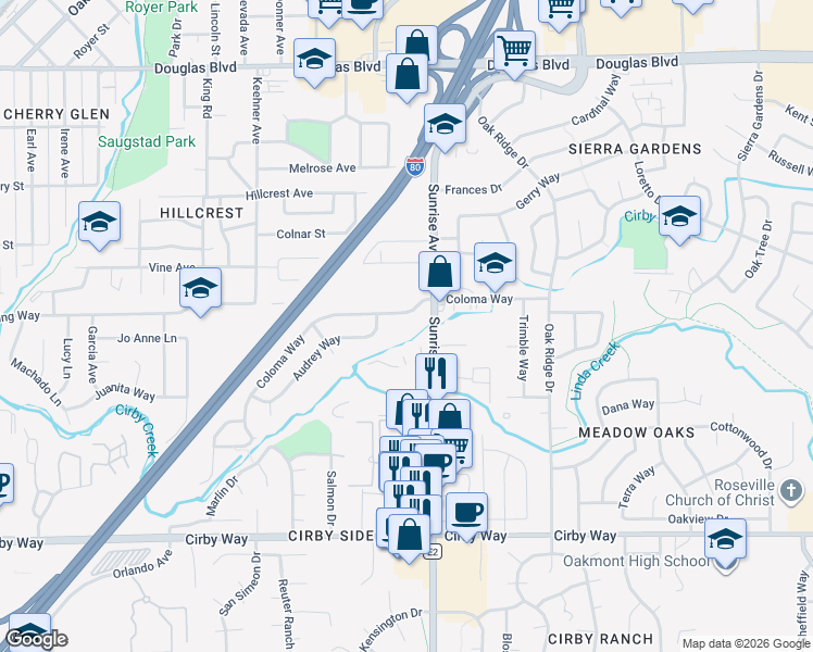 map of restaurants, bars, coffee shops, grocery stores, and more near 700 Sunrise Avenue in Roseville