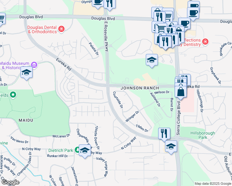 map of restaurants, bars, coffee shops, grocery stores, and more near 2771 Courtside Drive in Roseville