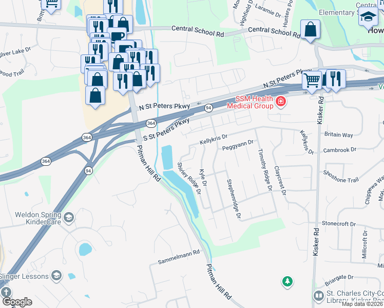 map of restaurants, bars, coffee shops, grocery stores, and more near 127 Shirleyridge Drive in Saint Charles