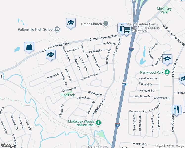 map of restaurants, bars, coffee shops, grocery stores, and more near 2593 Bonniebrook Drive in Maryland Heights