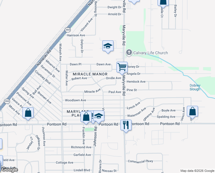 map of restaurants, bars, coffee shops, grocery stores, and more near 2312 Miracle Avenue in Granite City
