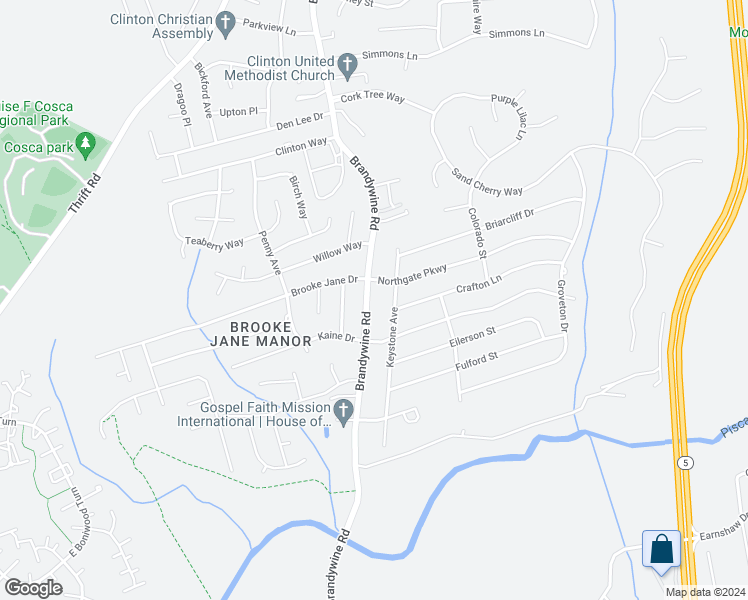 map of restaurants, bars, coffee shops, grocery stores, and more near 11308 Brandywine Road in Clinton
