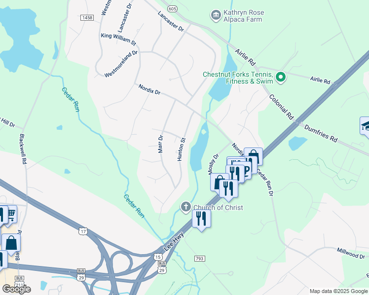 map of restaurants, bars, coffee shops, grocery stores, and more near 7265 Hunton Street in Warrenton
